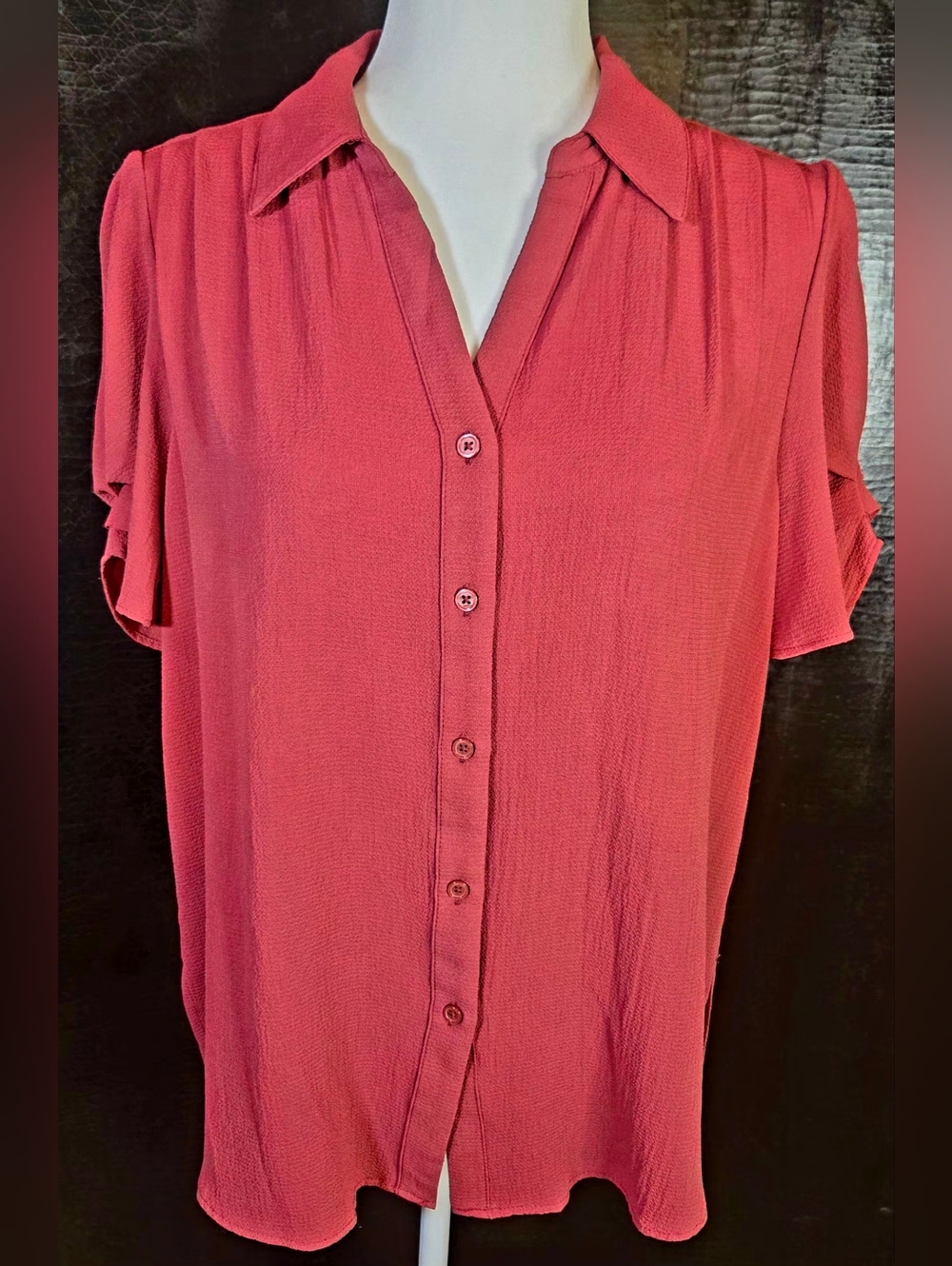 NWT Adrianna Papell Puff  Sleeve Button-Up Crepe Top Rose